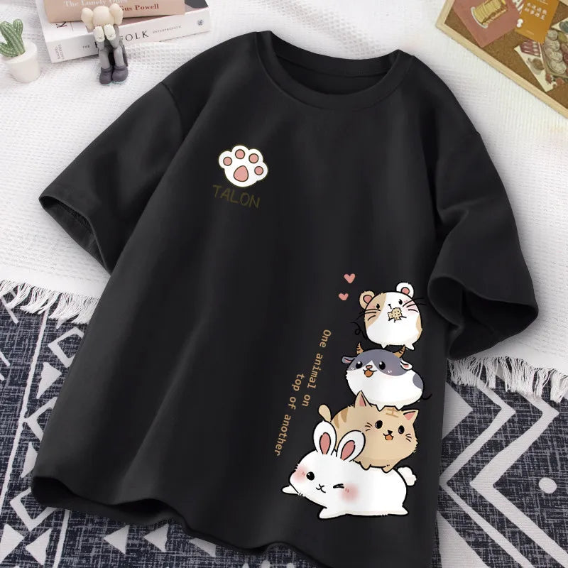 Whisker Tower Tee – Kawaii Animal Stack of Love