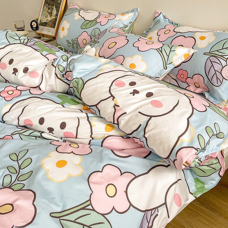 Whimsical Bunny Blossom Duvet Cover – Kawaii Bedding