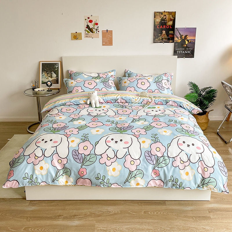 Whimsical Bunny Blossom Duvet Cover – Kawaii Bedding