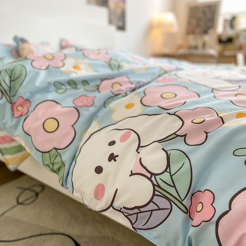 Whimsical Bunny Blossom Duvet Cover – Kawaii Bedding