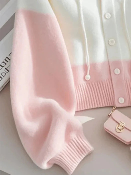 Cozy Kawaii Pink & White Hooded Cardigan
