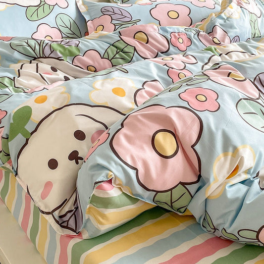 Whimsical Bunny Blossom Duvet Cover – Kawaii Bedding