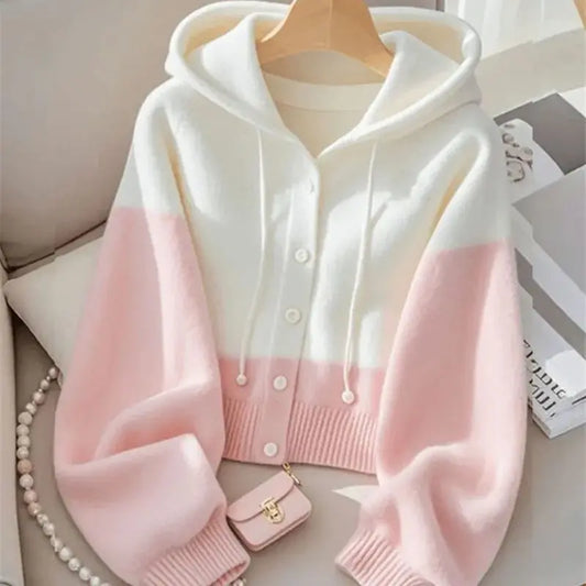 Cozy Kawaii Pink & White Hooded Cardigan