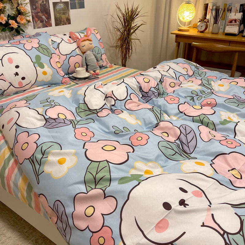 Whimsical Bunny Blossom Duvet Cover – Kawaii Bedding