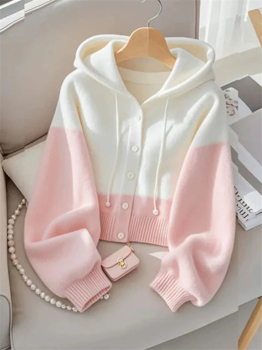 Cozy Kawaii Pink & White Hooded Cardigan