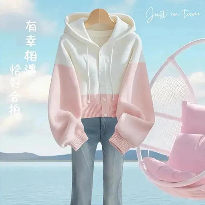 Cozy Kawaii Pink & White Hooded Cardigan