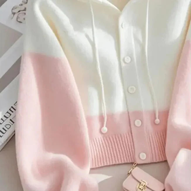 Cozy Kawaii Pink & White Hooded Cardigan