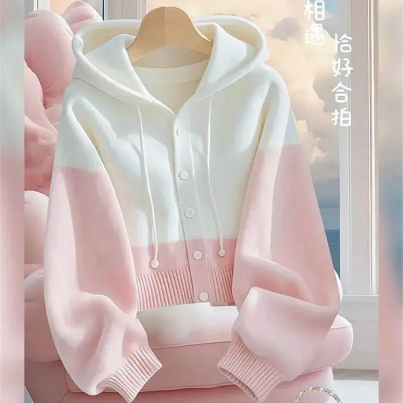 Cozy Kawaii Pink & White Hooded Cardigan