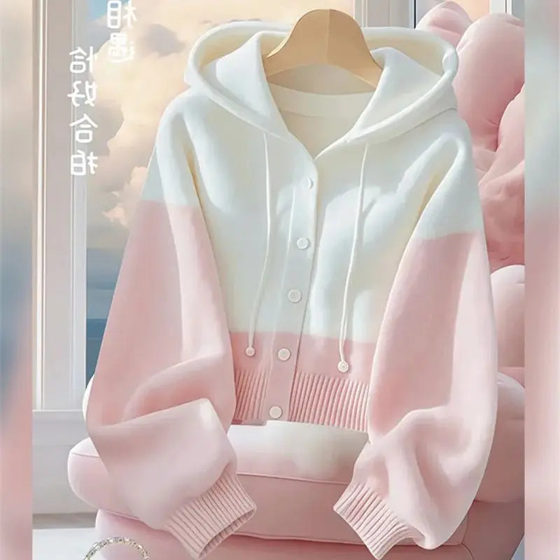 Cozy Kawaii Pink & White Hooded Cardigan